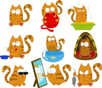 Pack cute comic cats who go about their business Illustrazione stock