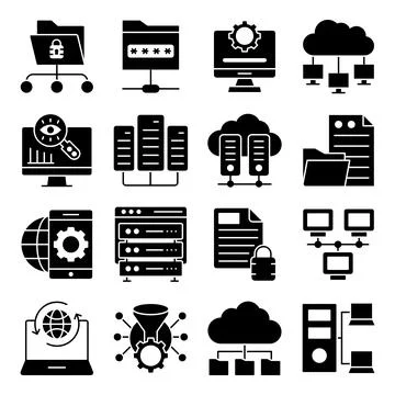 Pack of Data and Hardware Solid Icons Stock Illustration