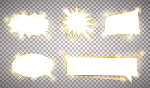 Pack of detailed empty gold shinig comic speech bubbles. Golden isolated on イラスト素材