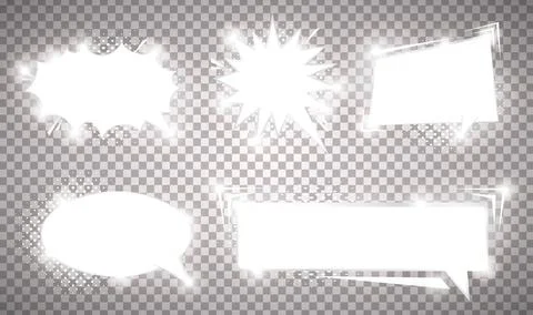 Pack of detailed empty silver shinig comic speech bubbles. Vintage art style Stock Illustration