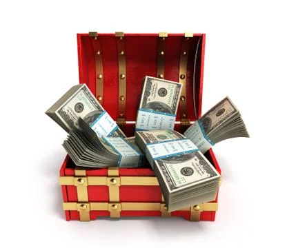 Pack of dollar bills inside a red wooden chest 3d render on a white backgroun Stock Illustration