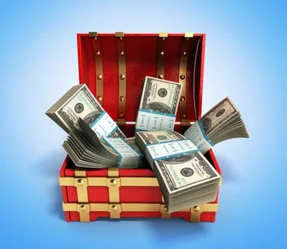 Pack of dollar bills inside a red wooden chest 3d render on gradient backgrou Illustrazione stock
