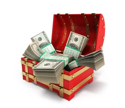 Pack of dollar bills inside a red wooden chest 3d render on a white backgroun Stock Illustration