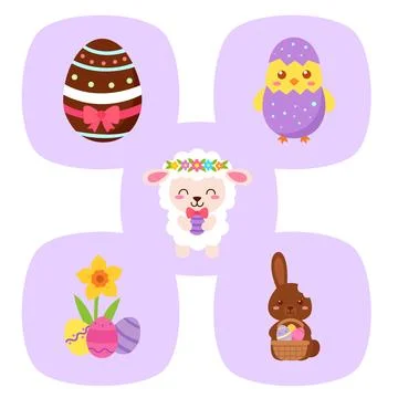 Pack of Easter illustrations: eggs, Christian Easter sheep, ducks Stock Illustration