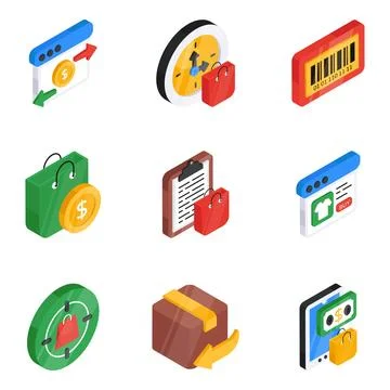 Pack of Ecommerce Flat Isometric Icon Stockillustratie