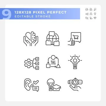Pack of editable pixel perfect black soft skills icons Stock Illustration