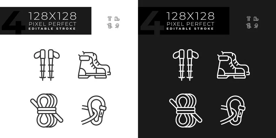 Pack of editable pixel perfect hiking gear thin line icons Stock Illustration