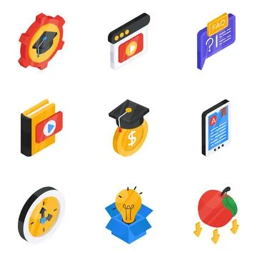 Pack of Education and Elearning Flat Isometric Icon Stock Illustration