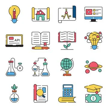 Pack of Education and Knowledge Flat Icons Stock Illustration