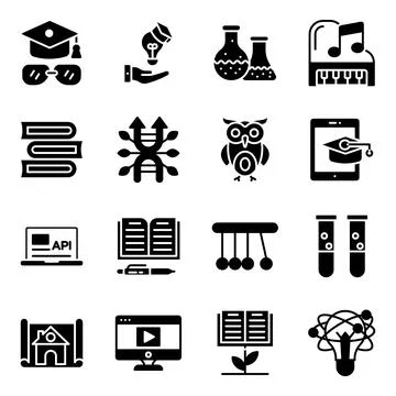 Pack of Education and Knowledge Solid Icons Stock Illustration