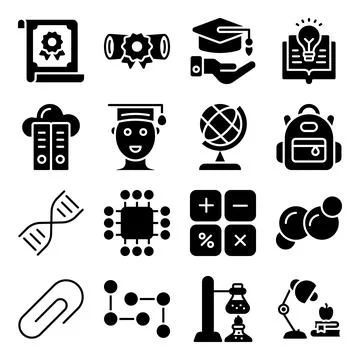 Pack of Education and Knowledge Solid Icons Stock Illustration
