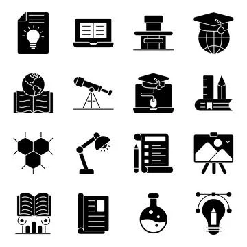Pack of Education and Learning Solid Icons Stock Illustration