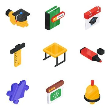 Pack of Education and School Flat Isometric Icon 库存插图