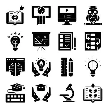 Pack of Education Learning Glyph Icons Stock Illustration