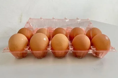 A pack egg in a plastic box container on the table Stock Photos