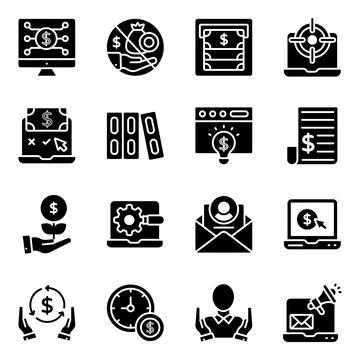 Pack of Fintech Solid Icons Illustrazione stock