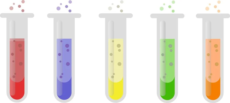 Pack of five multicolor Chemical testing tubes illustration. Stock Illustration