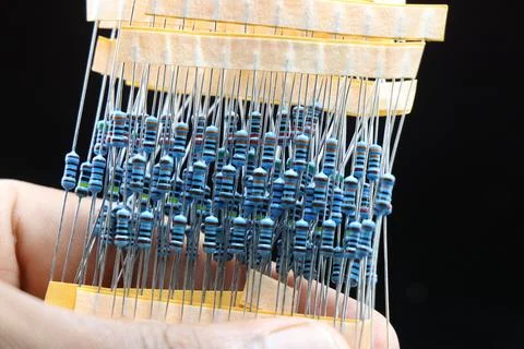 Pack of fixed value electronic resistors held in hand isolated on black Stock-Fotos