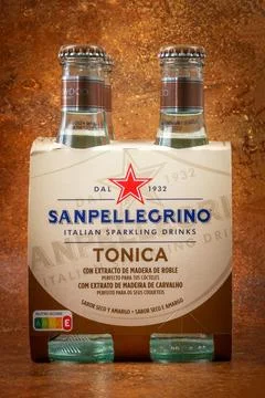Pack of four glass bottles of Tonica by San pellegrino, close-up Stock Photos