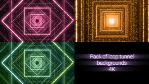 A pack of glowing backgrounds. Loop set of square tunnels made of particles Stock Footage 313263989