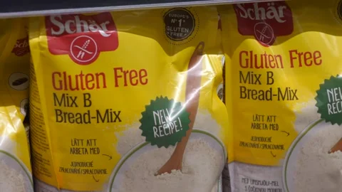 Pack of gluten free bread-mix on a shelf in supermarket. Bali-June-2021 Stock Footage 157457009