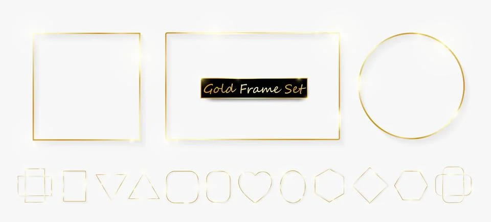 Pack of gold shiny glowing frames isolated on white background. Pack of luxury Stock Illustration