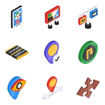 Pack of Gps and Navigation Flat Isometric Icon Stock Illustration