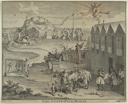 A pack-horse carrying bribes is sent by Robert Walpole from Westminster to .. Stock Illustration