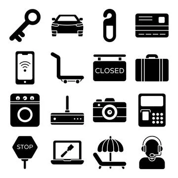 Pack of Hotel Accessories Solid Icons Stock Illustration