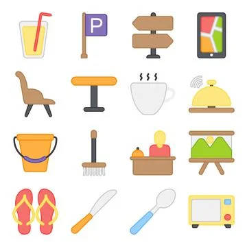 Pack of Hotel and Vacations Flat Icons Illustrazione stock