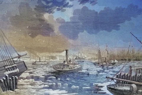 Pack ice obstructs shipping traffic in New York harbour in 1869 America Ilustração Stock