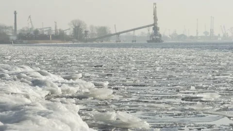 Pack ice at river delta in sunny spring day Stock Footage 147086759
