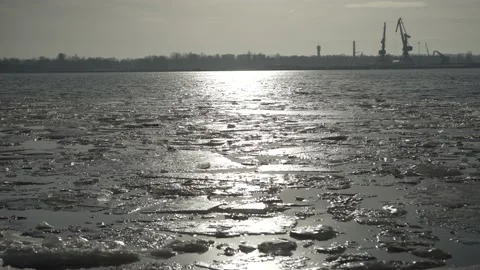 Pack ice at river delta in sunny spring day Stock Footage 147086763