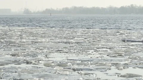 Pack ice at river delta in sunny spring day Stock Footage 147086768