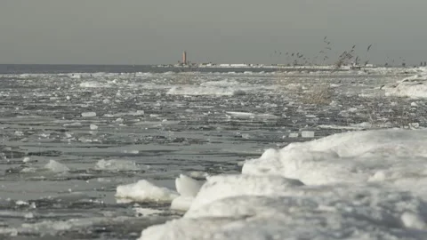 Pack ice at river delta in sunny spring day Stock Footage 147087071