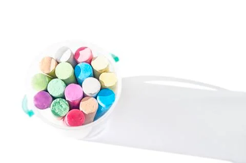 Pack of Jumbo Sidewalk Chalk, Assorted Colors in a Plastic Bucket on White Stock Photos