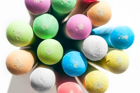 Pack of Jumbo Sidewalk Chalk, Assorted Colors on White Background. Top View. Stock Photos