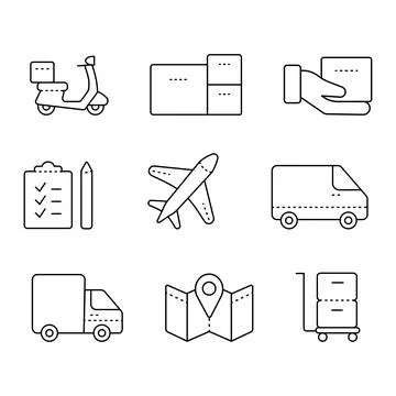 A pack of linear icons for delivery with a motorcycle, an airplane and other Stock Illustration