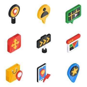 Pack of Location and Map Flat Isometric Icon Illustration