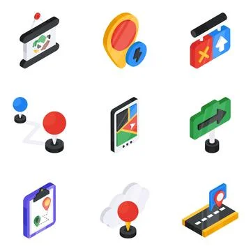 Pack of Location and Navigation Flat Isometric Icon Stock Illustration