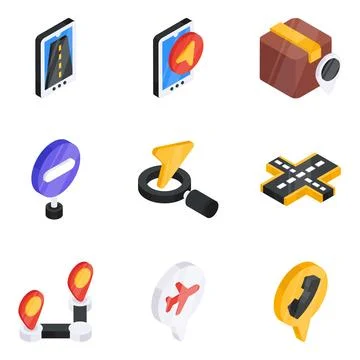 Pack of Location Flat Isometric Icon Stock Illustration