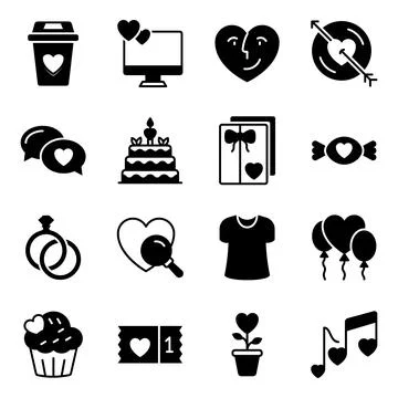 Pack of Love and Valentine Solid Icons Stock Illustration