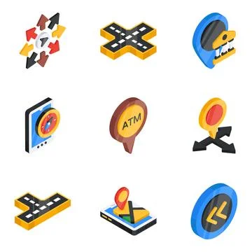 Pack of Map and Gps Flat Isometric Icon Stock Illustration