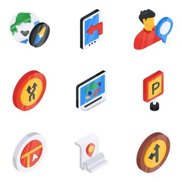 Pack of Map and Navigation Flat Isometric Icon Stock Illustration