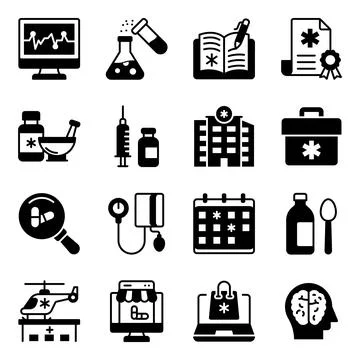 Pack of Medical Accessories Solid Icons Illustrazione stock