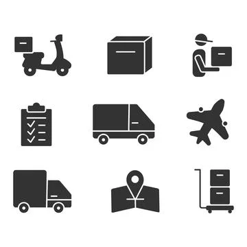 A pack of merged delivery icons with different delivery vehicles and people Illustrazione stock