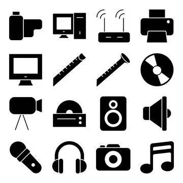 Pack of Music and Entertainment solid Icons Stock-Illustration