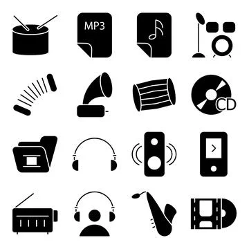 Pack of Music Instruments solid Icons Illustrazione stock