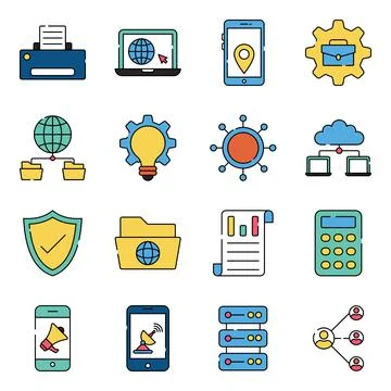 Pack of Network and Hosting Flat Icons Stock Illustration
