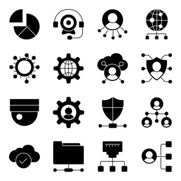 Pack of Network and Setting Solid Icons Stock Illustration